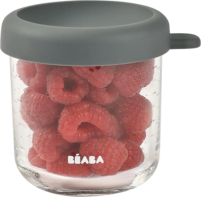 BEABA 8 oz Glass Baby Food Jars with Soft Silicone Air Tight Lids, Glass Storage Containers with Lids, Microwave and Freezer Safe Containers, Mineral-CubbioJoy