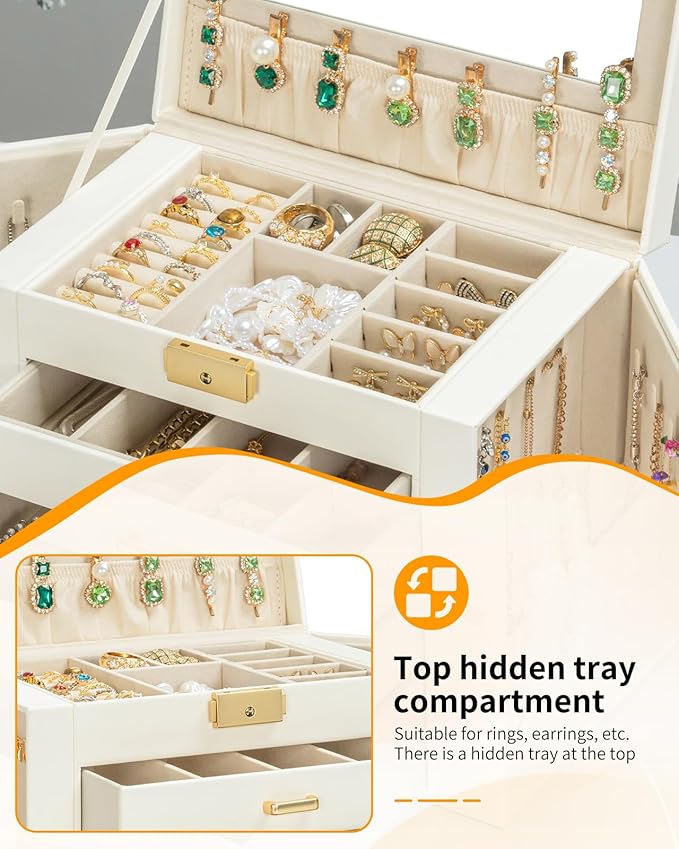 AKOZLIN Large 4-Tier Jewelry Box Leather Jewelry Storage Organizer with 3 Drawers Lockable for Women Girls Ring Necklace Earring Bracelet Watches Holder with Mirror White-CubbioJoy