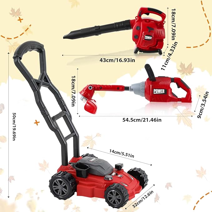 3 Pcs Toy Gardening Tool Set for Kids Toy Leaf Blower Weed Trimmer Push Lawn Mower Pretend Play Set with Lights and Sounds Christmas Birthday Gifts for Boys Girls-CubbioJoy