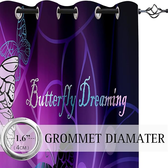 Butterfly Blackout Curtain for Girls Bedroom 2Pcs, Purple Window Curtain Panels Drapes Set Curtains 63 inch Length for Kids Bedroom Nursery Room Grommet Top Thermal Insulated Curtains, 82" x 63"-CubbioJoy
