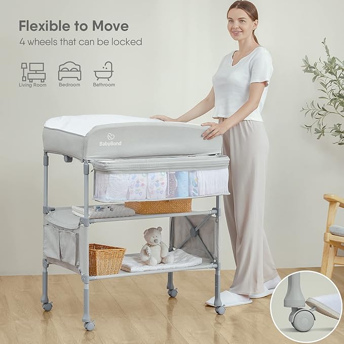 BabyBond Portable Baby Changing Table, Foldable Diaper Changing Table Dresser Waterproof Height Adjustable Changing Station for Infant and Newborn(Beige)-CubbioJoy