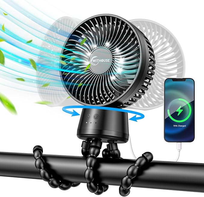 20000mAh Portable Stroller Fan, 120° Auto Oscillation, 3-IN-1 with Power Bank LED Light Detachable Flexible Tripod Rechargeable Battery Powered Clip On Fans Desk for Baby Crib Car Seat Travel-CubbioJoy