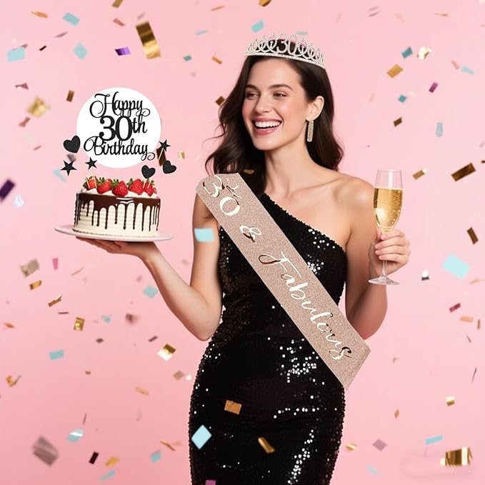 30th Birthday Decorations for Women - 56pcs Rose Gold Happy 30th Banner, 30th Birthday Crown Sash, Cake Topper, Number 30 balloons, 3D Butterflies, 4 Balloon Stands kits-CubbioJoy