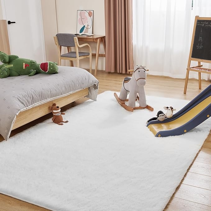 8x10 White Area Rug, Fluffy Plush Rugs for Bedroom, Non Slip Shag Indoor Carpet for Living Room, Nursery, Front Room, Room Decor-CubbioJoy
