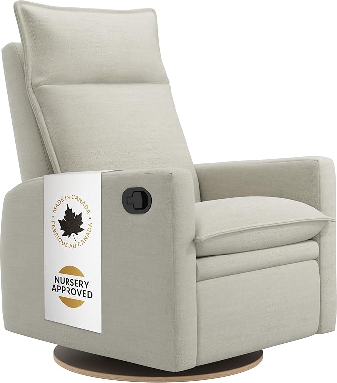 Jaymar Arya Modern Nursery Glider Recliner Chair – Cozy Nursing Chair with 360° Swivel for New Parents, Gentle Motion, Compact Design, High Back & Low Armrests, Canadian Made (Sand/Como Fabric)-CubbioJoy