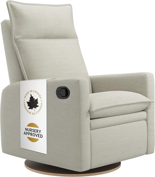 Jaymar Arya Modern Nursery Glider Recliner Chair – Cozy Nursing Chair with 360° Swivel for New Parents, Gentle Motion, Compact Design, High Back & Low Armrests, Canadian Made (Sand/Como Fabric)-CubbioJoy