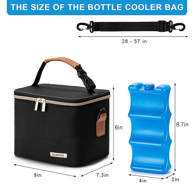 Breastmilk Cooler Bag with Ice Pack Fits 6 Baby Bottles Up to 5 Ounce, Baby Bottle Bag with Shoulder Strap for Nursing Mom Daycare-Black-CubbioJoy