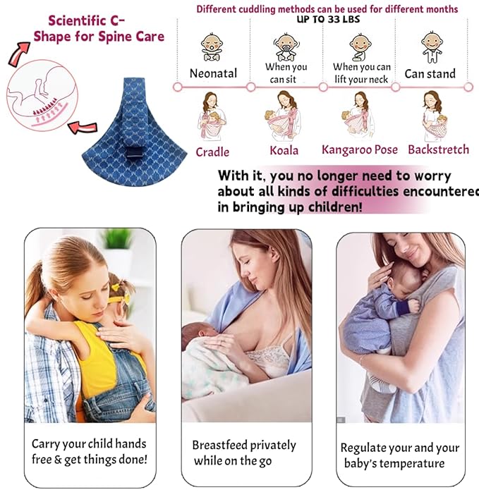 Baby Sling Carrier Adjustable Baby Sling 2025 Upgraded Toddler Sling Comfortable Baby Wrap Carriers Ergonomic-Designed, Travel Friendly Carrying 10-45 Lbs Blue-CubbioJoy