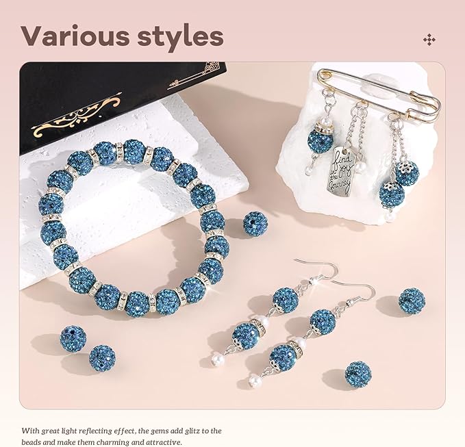 160pcs 10mm Rhinestone Beads for Jewelry Making, Blue Zircon Shiny Round Disco Ball Beads Bulk, Sparkle Crystal Clay Christmas for Bracelet Baseball Necklace Earring Crafting and DIY-CubbioJoy