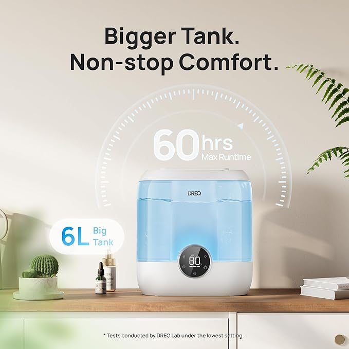 Dreo Humidifiers for Bedroom, 6L Top Fill Quiet Supersized Cool Mist Humidifier for Large Room, 60 Hour Runtime, Ultrasonic Humidifiers for Home, Baby, Plant, Indoor, Night Light, Blue-CubbioJoy