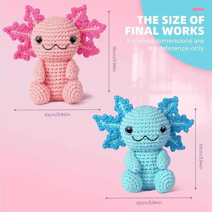 Crochet Kit for Beginners, Crochet Animal Kits,Crocheting Kit for Starters with Step-by-Step Video Tutorials, Beginner Crochet Kits for Adults (2Pack Axolotl)-CubbioJoy
