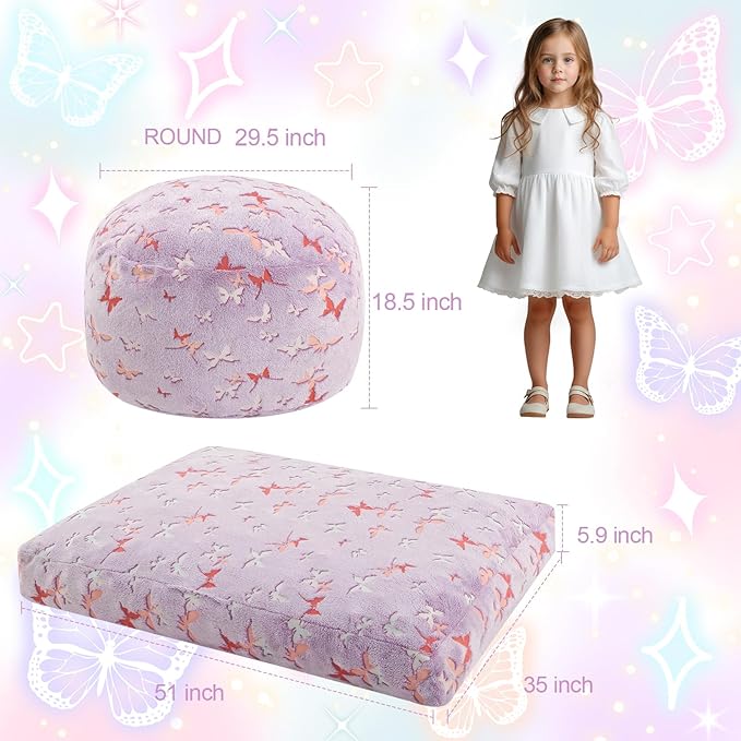 COMAX Kids Bean Bag Chair Turn into Beanbag Bed, Toddler Bean Chair for Girl Boy Sleeping, Lazy Children Bean Bags with Filler, Convertible Child Floor Mattress, Purple Butterfly-CubbioJoy