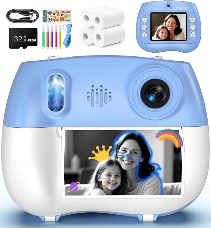 Instant Print Camera for Kids - Front Rear Dual Selfie Kid Print Camera, Fun Birthday Gift for Boys Ages 3-12, HD Digital Video Cameras, Easy to Use for Toddler - Blue-CubbioJoy