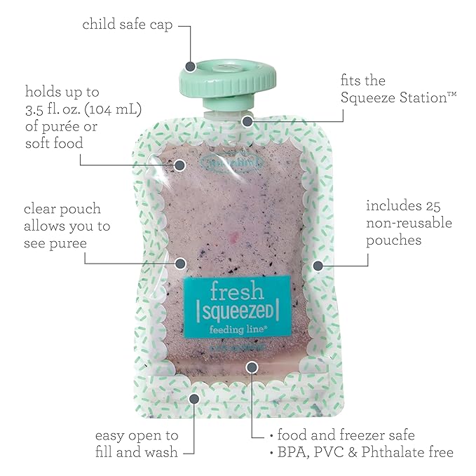 Infantino Reusable Squeeze Pouches for Homemade Baby Food, 3.5 oz, Pack of 25 - BPA, PVC, and Phthalate-Free, Freezer-Safe, with Clear Window and Labeling Space-CubbioJoy