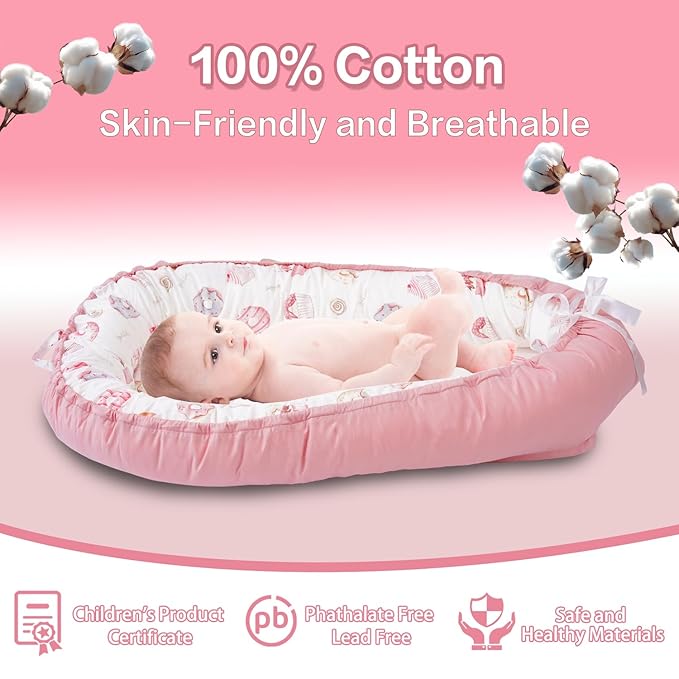 Baby Lounger - Infant Lounger for Newborn 0-24 Months, Breathable & Soft Baby Lounger Cover, Portable Infant Lounger for Home and Travel, Babies Essentials Gifts - Pink-CubbioJoy