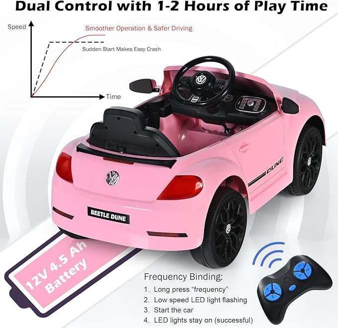 Costzon Ride on Car, 12V Licensed Volkswagen Beetle Battery Powered Vehicle w/Remote Control, Spring Suspension, Lights, USB, Horn, Music, 4 Wheeler for Boy Girl Gift, Electric Car for Kids, Pink-CubbioJoy