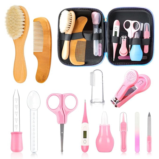 Baby Grooming Kit, Infant Safety Care Set with Hair Brush Comb Nail Clipper Nasal Aspirator,Baby Essentials Kit for Newborn Girls Boys(13 Pc Pink Kit)-CubbioJoy