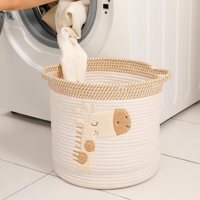 INough Toy Storage Baskets Woven Cotton Rope Storage Basket for Kids, Blanket Baskets for Living Room Toys Organizer with Embroidery Decor, Cute Baskets with Handle for Nursery, Playroom (Giraffe)-CubbioJoy