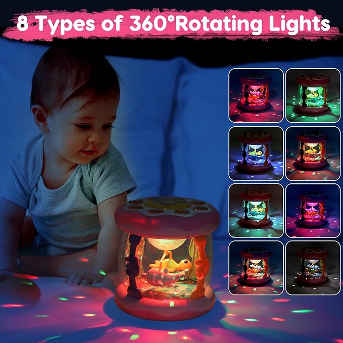 Baby Musical Light Up Toys 0-6 Months Tummy Time Ocean Projector Rotating Infant 0-3 4 5 6 7 8 9 Months Baby Aquarium Crawling Pink Toys Babies 6-12 Month Girls 1 2 Year Old Birthday Newborn Gifts-CubbioJoy
