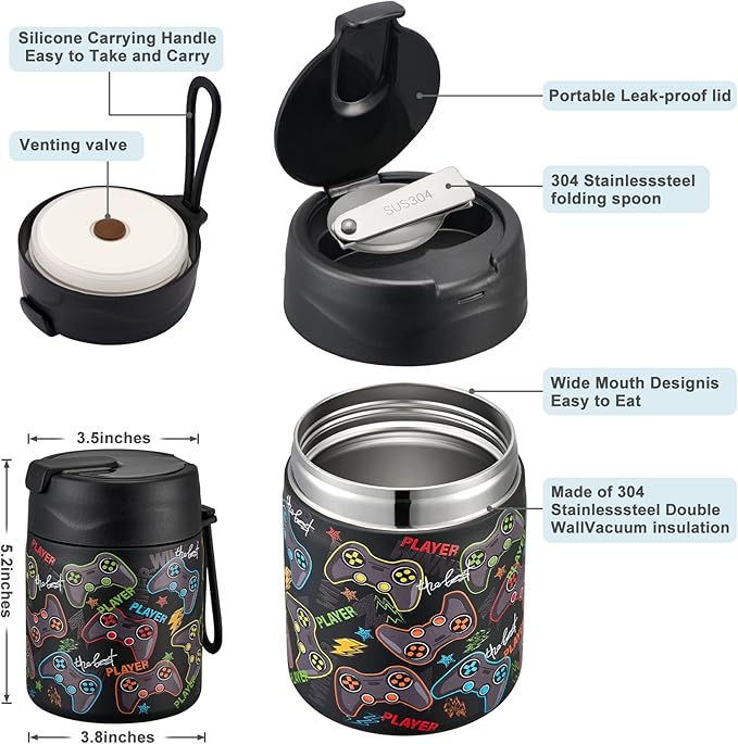 17oz Soup Thermo for Hot Food Kids,Insulated Food Jar with Spoon,Thermo Hot Food Lunch Container,Wide Mouth Leakproof Stainless Steel Lunch Box for School-Black Game-CubbioJoy