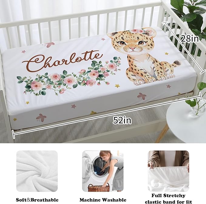 Custom Nursery Crib Bedding Set: Personalized Name 4 Piece Floral Leopard Design Baby Crib Sets for Girls - Toddler Double Layer Blanket Set, Comfortable Crib Bed Sheets for Baby Toddlers-CubbioJoy
