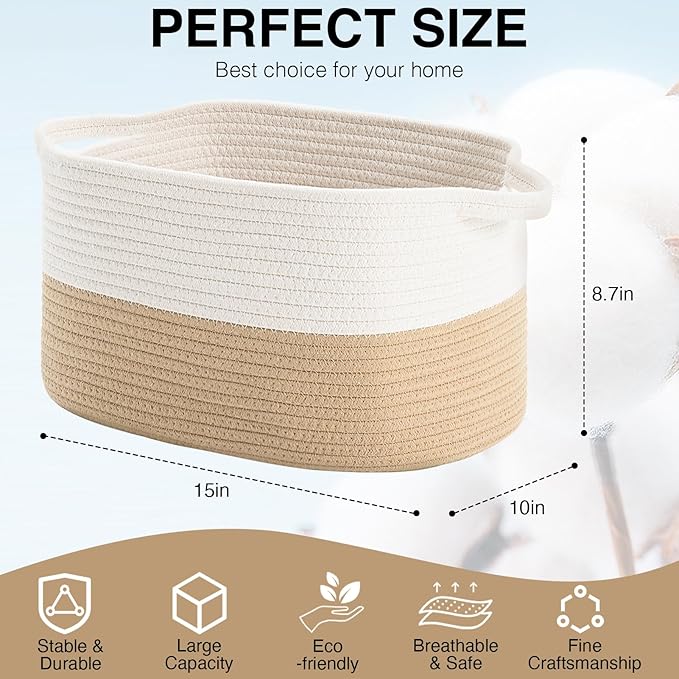 Cotton Rope Woven Storage Basket, Used for Baby Hamper Toy Organizer, Gift Baskets Empty,Kids Laundry Basket,Baby Blanket Storage. Size 15x10x8.7 Inches. (White&Khaki-3PCS)-CubbioJoy