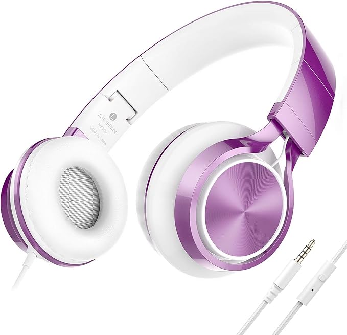 AILIHEN MS300 Purple Girl Headphones Wired with Microphone for Chromebook Laptop Computer, 3.5mm Foldable Lightweight on-Ear Headphones for School Teen Students-CubbioJoy