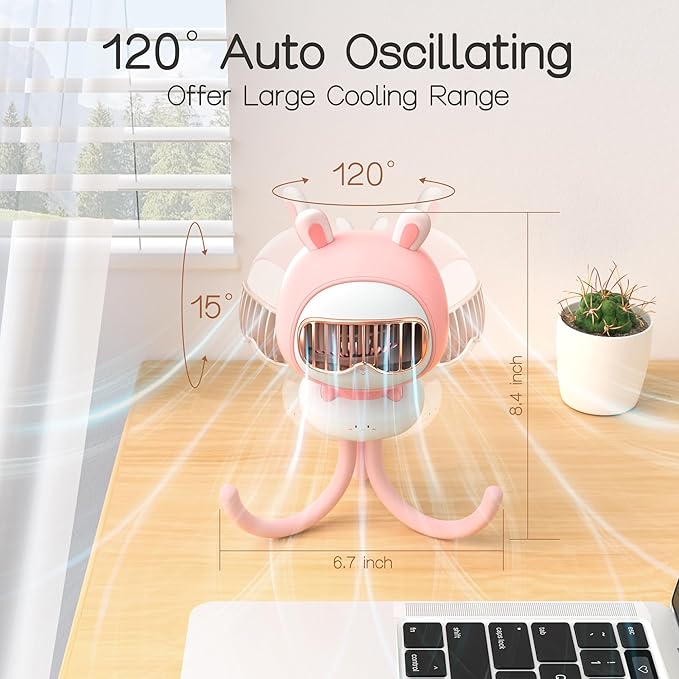 Cute Bunny Stroller Fan Clip On for Baby, Bladeless Fan 4000mAh Rechargeable Battery Operated, Flexible Tripod, 4 Speeds, Auto Oscillating, Small Cooling Fan for Kids-CubbioJoy