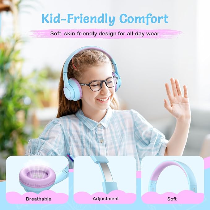 Active Noise Cancelling Headphones for Kids, 60H Playtime,Purple Wireless Bluetooth Over-Ear Headset Built-in Microphone for Home/School/Travel/Party - Includes Portable Case-CubbioJoy