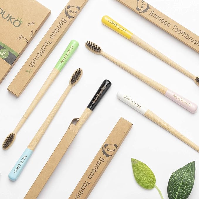 Biodegradable Bamboo Charcoal Toothbrushes, Soft Bristle, Eco-Friendly, Sustainable, BPA Free, Organic, Compostable, Travel Toothbrushes, 6 Pack-CubbioJoy