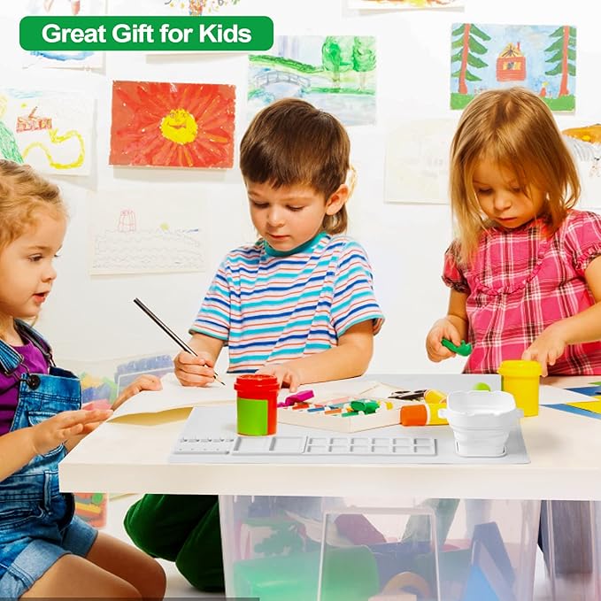 AWOKE Silicone Painting Mat - 20"X16" Silicone Art Mat with 1 Water Cup for Kids - Craft Mat has12 Color Dividers - 2 Paint Dividers (White),Toddler Activities,3 4 5 Year Old Girl Boy Birthday Gifts-CubbioJoy