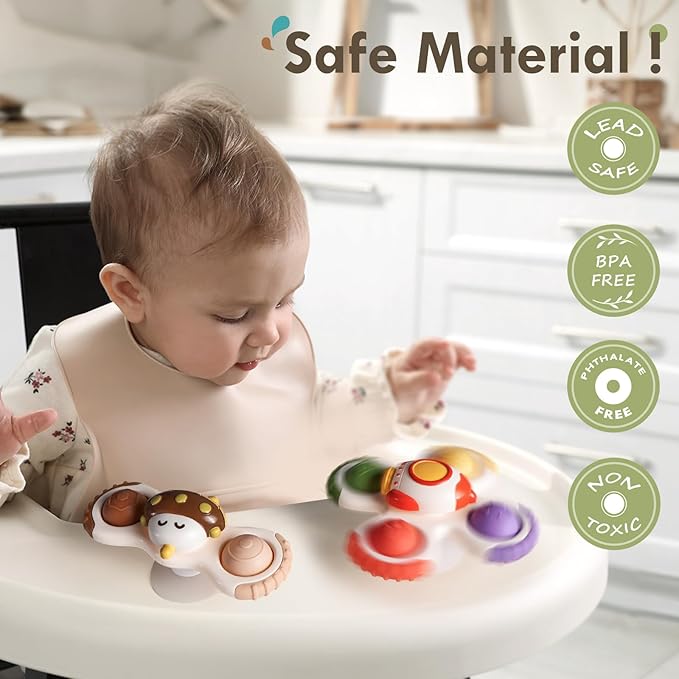 ALASOU 3PCS Pop Suction Cup Spinner Toys for 1 Year Old Boy Girl|Novelty Spinning Tops Toddler Toys Age 1-2|Sensory Baby Bath Toy for Toddlers 1-3|12 18 Months Boy Birthday Gift for Infant-CubbioJoy