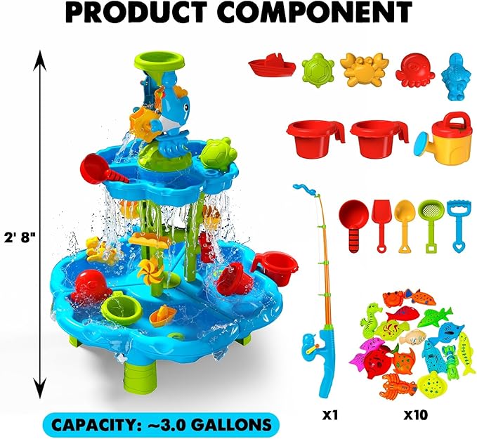 CozyBomB™ Water Table for Toddlers 3-5 | Outdoor Toys Water Play Table, Magnetic Fishing Toy Game, Summer Splash Pond Showers Sand Activity, Sensory Party Birthday Gift Kids Ages 4-8 9-12 (2-Tiers)-CubbioJoy