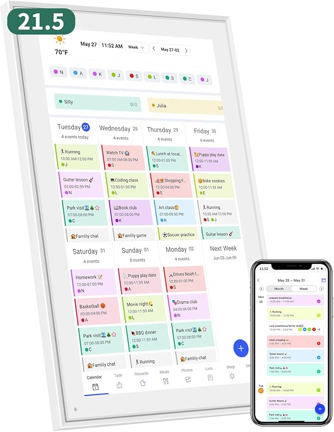21.5 Inch Smart Digital Calendar – Electronic Chore Chart & Planner with 1920x1080P IPS Touchscreen, Weekly/Monthly Family Organizer for Wall or Desk, White 2025 New Version-CubbioJoy