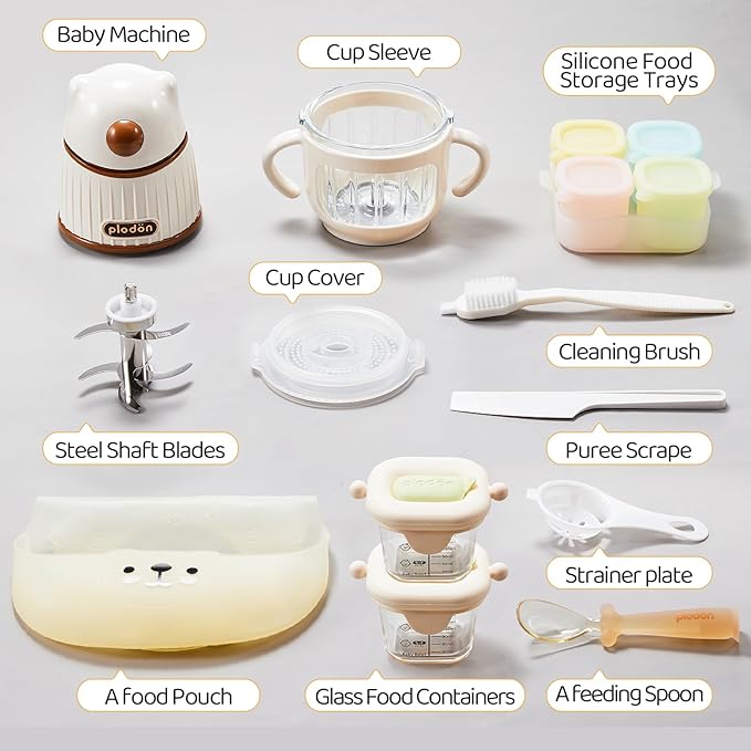 Baby Food Maker-Food Processor, Fruits, Vegetables, Meats, Potatoes, Avocados, Gift Package with A feeding spoon, A bib, A set of 4 separate food ice cube trays, and Two 200ml food storage-CubbioJoy