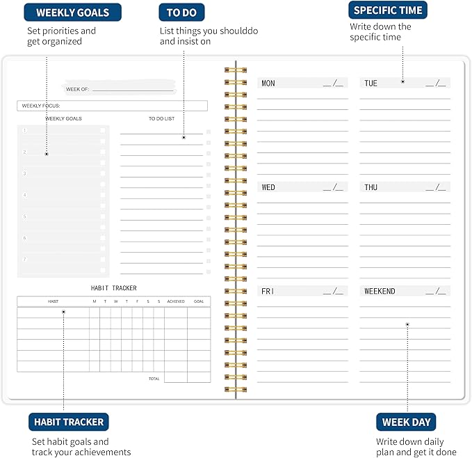 Undated Weekly Planner, Weekly To Do List Notebook with Goal & Habit Tracker Organizer, A5 5.8" x 8.0" Weekly Planner Notebook with Spiral Binding for Men or Women-CubbioJoy