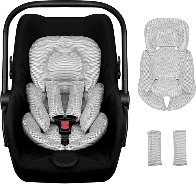 Infant Car Seat Insert for Newborn Girls Boys, Summer Mesh Baby Carseat Head Support with Strap Pads, Soft Reversible Baby Car Seat Insert Cushion Pad for Car Seat, Stroller, Bouncer, Swing, Gray-CubbioJoy