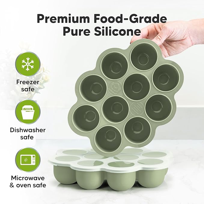 KeaBabies Silicone Food Freezer Trays with Lid, 2oz x 10 Pods Baby Food Storage Containers, Easy Puree Meal Prep, Breast Milk Silicone Freezer Molds, Dishwasher, Microwave Safe, BPA-Free (Sage)-CubbioJoy