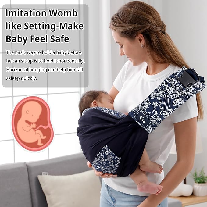 CUBY Wrap Baby Sling Carrier, Baby Wraps Sling Carrier Adjustable Breathable Lightweight Easy to Wearing - Baby Slings for Newborn Infant Toddler Front & Hip Carry Up to 40lbs (Dark Blue Floral)-CubbioJoy
