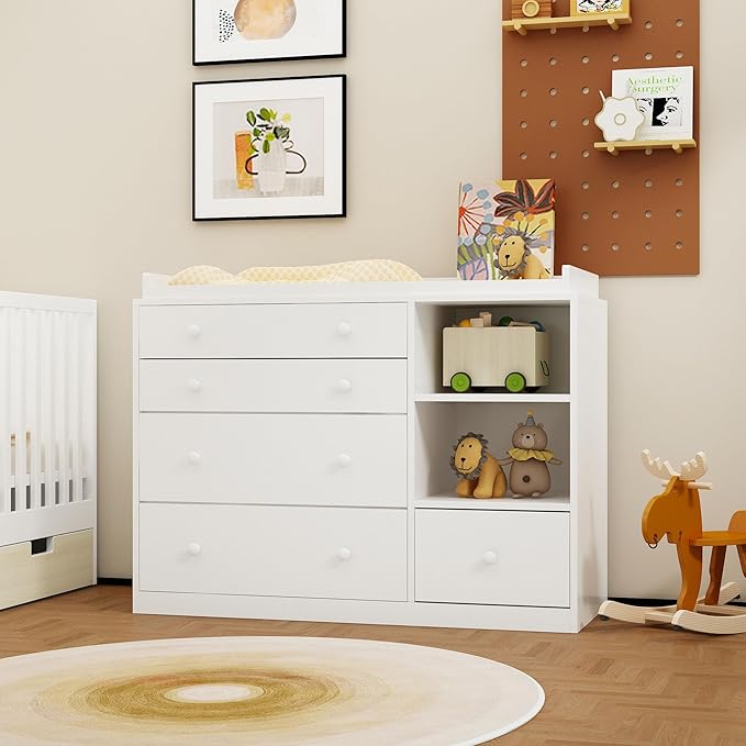 Changing Table Dresser, Baby Classic Nursery Dresser with 5 Drawers and 2 Shelves, Multi-Functional Baby Changing Table, Diaper Changing Station for Children's Room, White-CubbioJoy