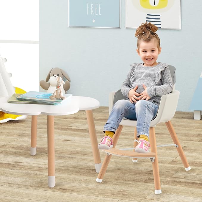 BABY JOY Convertible Baby High Chair, 3 in 1 Wooden Highchair/Booster/Chair with Removable Tray, Adjustable Legs, 5-Point Harness, PU Cushion and Footrest for Baby, Infants, Toddlers (Gray)-CubbioJoy