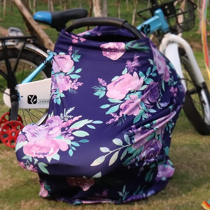 Carseat Cover Girls, Multiuse - Nursing Breastfeeding Covers, Purple Flower Theme, Car seat Canopy, Stretchy Soft Breathable-CubbioJoy