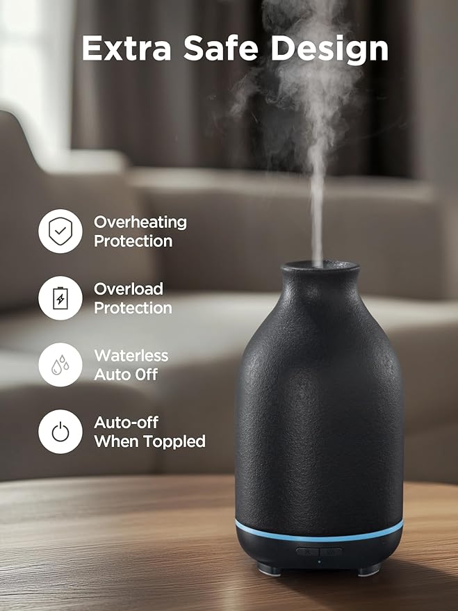 InnoGear Essential Oil Diffuser, 150ml Ceramic Stone Diffuser Handcrafted Aromatherapy Diffusers Ultrasonic Cool Mist Humidifier Vaporizor with 2 Mist Modes Waterless Auto Off for Room Office, Black-CubbioJoy