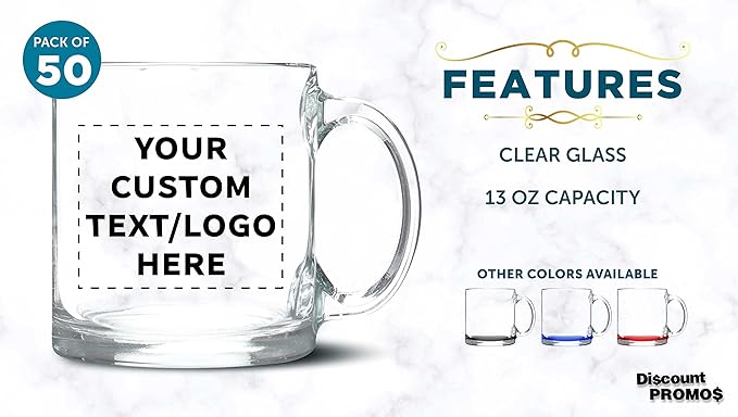 Custom Libbey Clear Glass Coffee Mugs 13 oz. Set of 50, Personalized Bulk Pack - Perfect for Coffee, Tea, Espresso, Hot Cocoa, Other Beverages - Clear Bottom-CubbioJoy