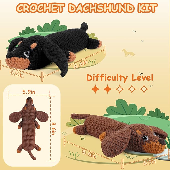 Crochet Kit for Beginners - 2 PCS Dachshund Crochet Kits with Step-by-Step Video Tutorials, Beginner Crochet Kit for Adults, Crochet Animal Kit for Kids, Dog Craft Knitting Kit-CubbioJoy