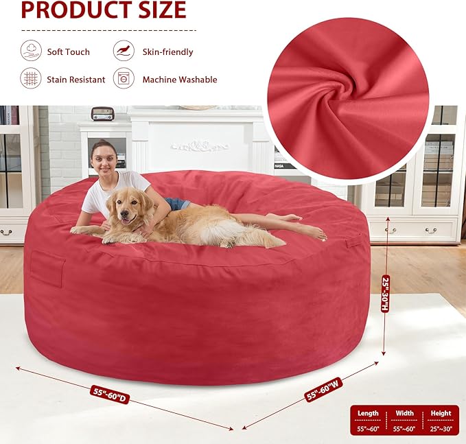 6FT Bean Bag Chair, Large Bean Bag Chairs with Memory Foam Filled, Fluffy Beanbag Sofa with Dutch Velvet Cover, Round BeanBag Chairs for Living Room, Playroom - Red-CubbioJoy