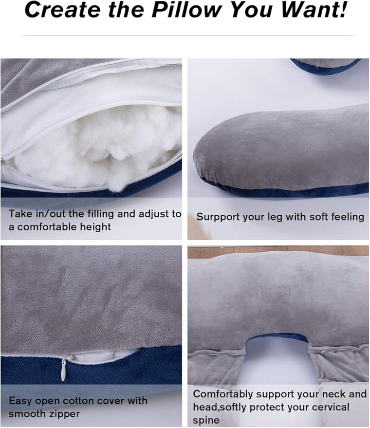60in Full Body Pillow | Nursing, Maternity and Pregnancy Body Pillow | Awesling Extra Large U Shape Pillow and Lounger with Detachable Side, Separate Support Pillow and Removable Cover (Grey Blue)-CubbioJoy