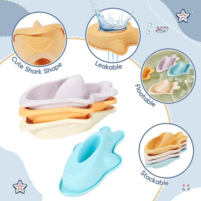 Bath Toys, 21PCS | Montessori Toys for Babies with Shapes for Sorting Play & Stacking Cups | Bath Boats & Spoon with Storage Container | Educational & Mold Free Bathtub Water Toys for Toddler Gifts-CubbioJoy
