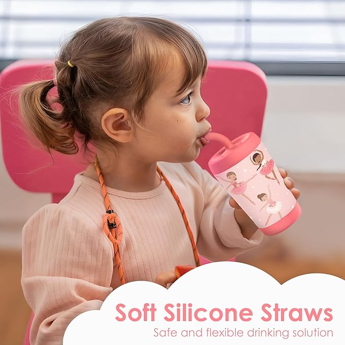 Kid Insulated Stainless Steel Tumbler with Silicone Straw, 12oz Sippy Cup for Kids (Pink Ballerina)-CubbioJoy