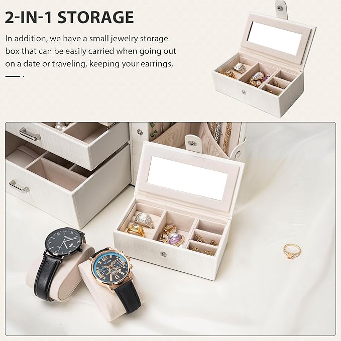 AKOZLIN 4-Tier Jewelry Box Lockable Leather Jewelry Storage Case Organizer with 3 Drawers for Women Girls Ring Necklace Earring Bracelet Watches Holder with Mirror-CubbioJoy